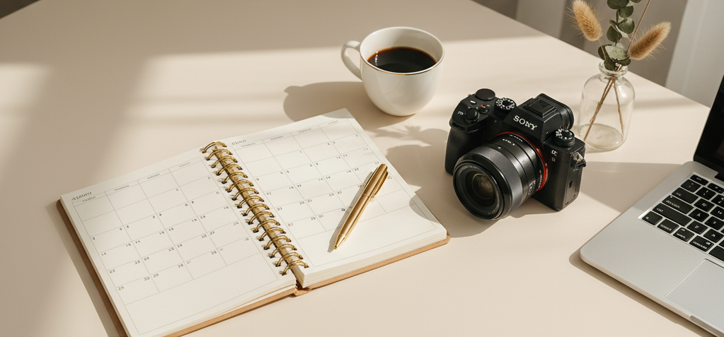 Bureau de travail minimalist avec un carnet, un appareil photo, une tasse de café et un ordinateur portable.