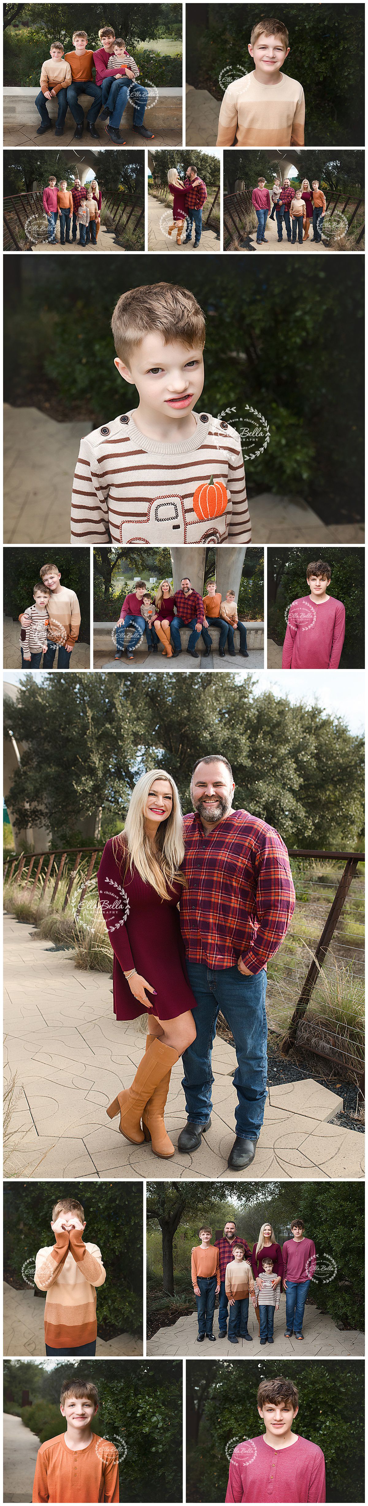 A fall-themed family photo collage featuring outdoor portraits in burgundy and plaid clothing against natural backdrops.