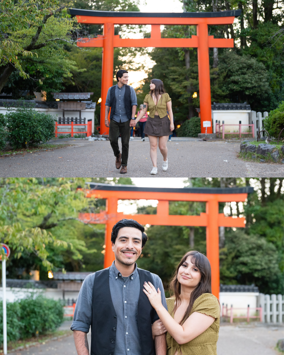 Couple walking and posing beneath a vibrant red torii gate at a Japanese shrine at sunset.