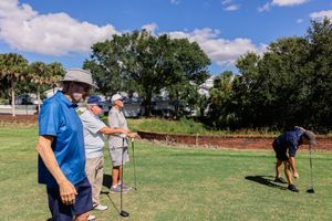Golfers practicing their swings on a sunny day at a golf course with lush green grass and blue skies.