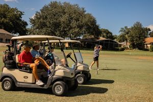 Golf carts parked on grass during a daytime outdoor event with participants visible.