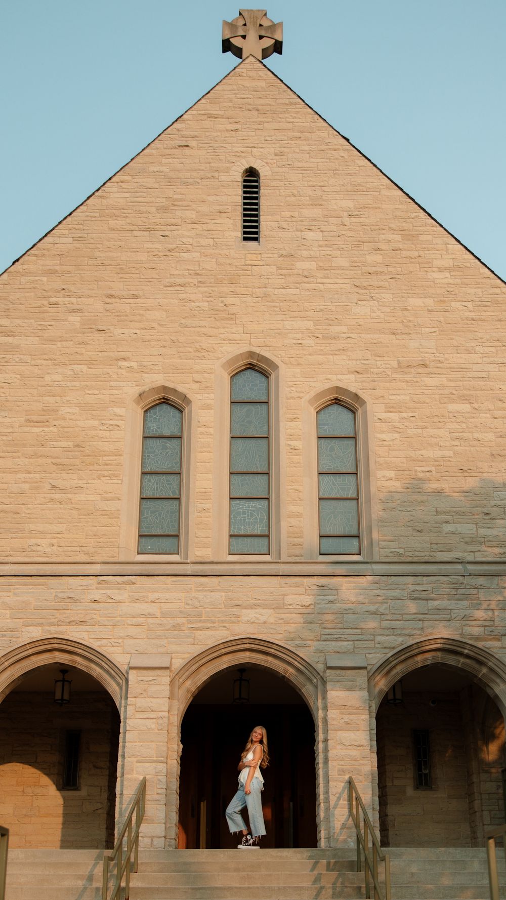 A series of architectural photos showing the front facade of a church building with arched entrances and three windows.