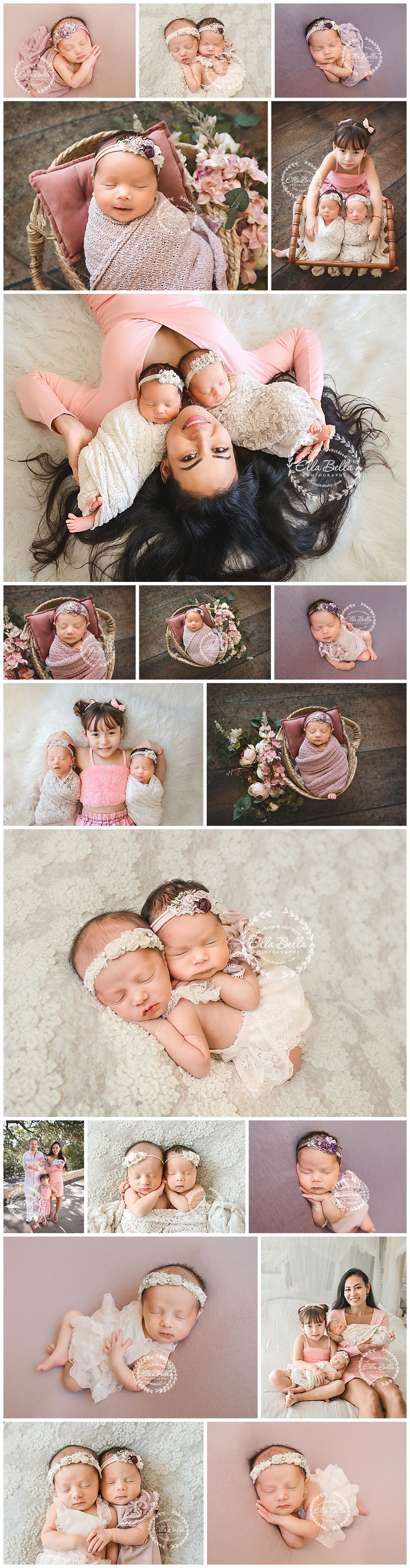 Newborn photography collection featuring soft pink and neutral tones with delicate floral accents and vintage props.