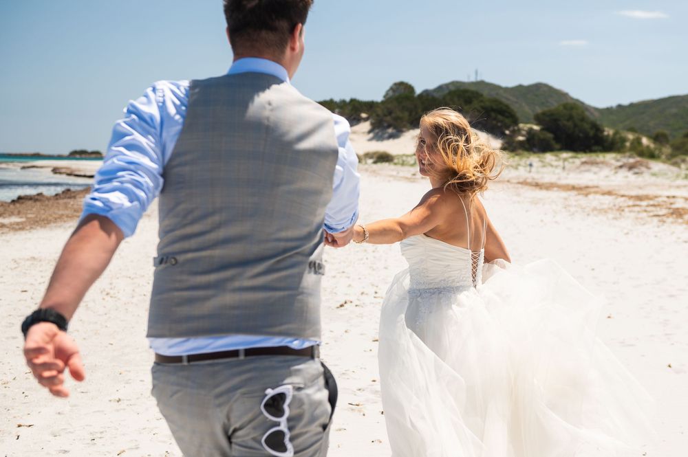 Candid beach moments photographed in sequence with white sand and ocean views.