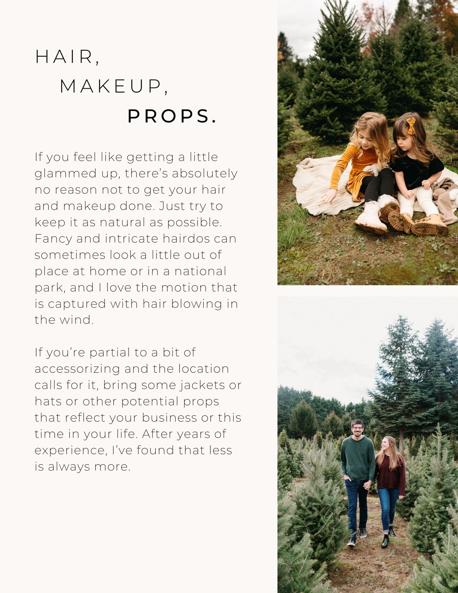 Photography guide showing hair, makeup and prop suggestions for outdoor sessions.