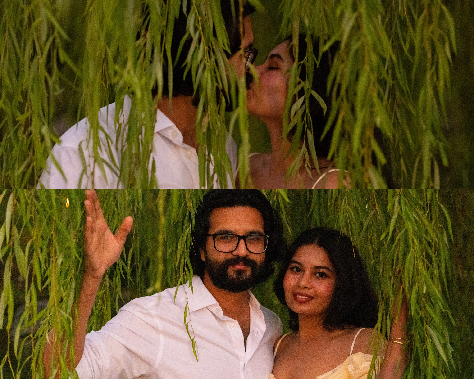 Couple sharing a romantic kiss hidden among weeping willow branches in a lush green outdoor setting.