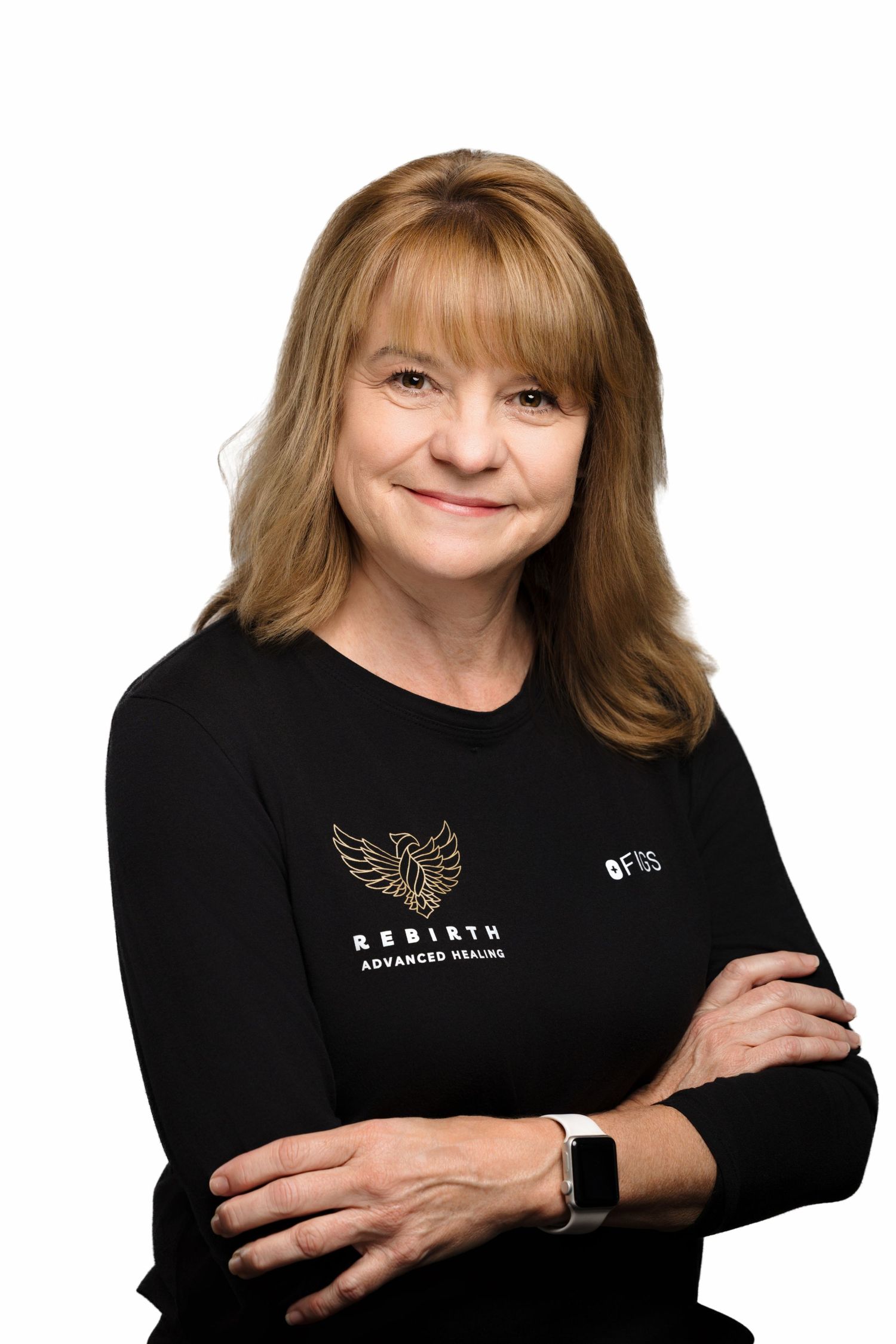 Professional headshots of a person in black attire with Rebirth logo against white background.
