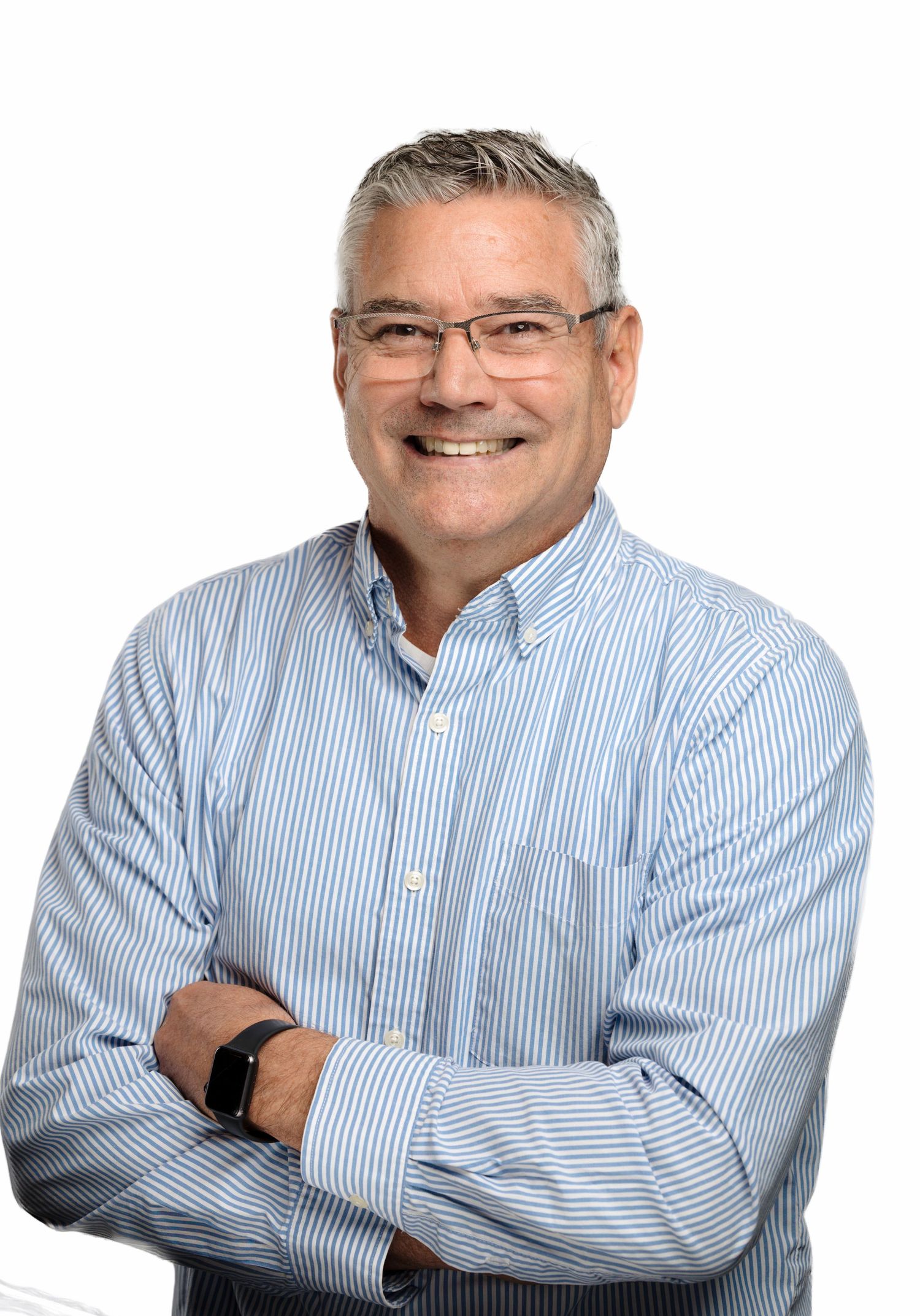Professional headshots of a person in a blue striped button-down shirt shown from different angles against white background.