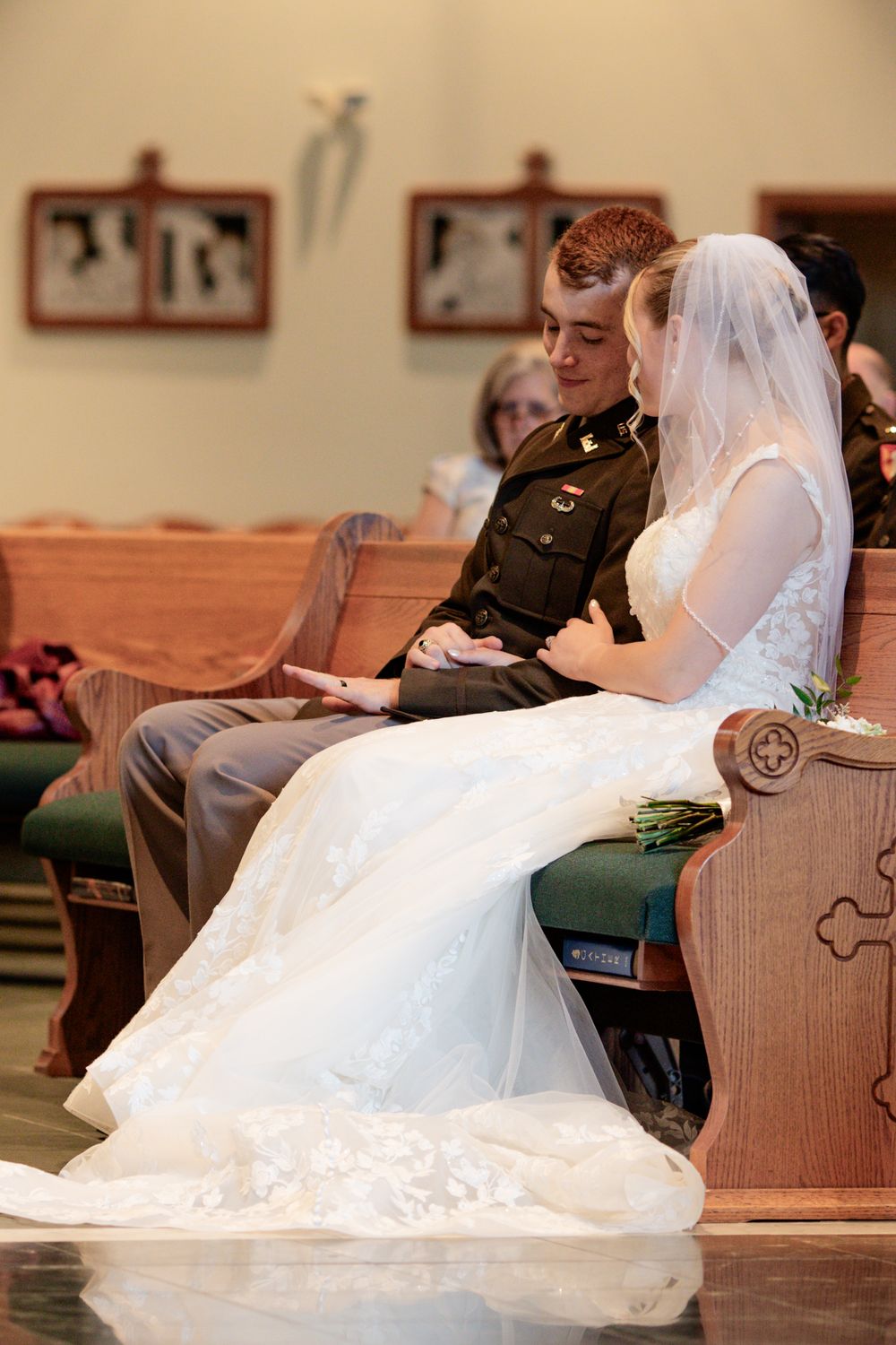 A series of photos showing a bride in a white dress leaning back in a church pew during a wedding ceremony.