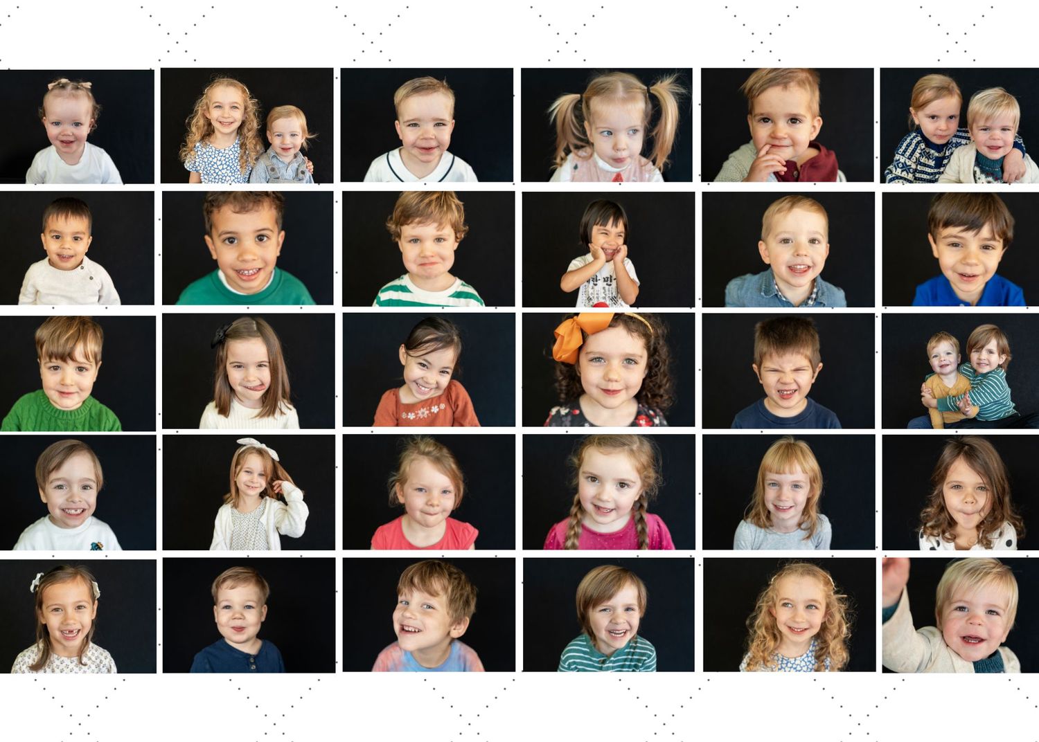 A photo collage grid showing multiple candid portraits of children in casual settings with various expressions and poses.