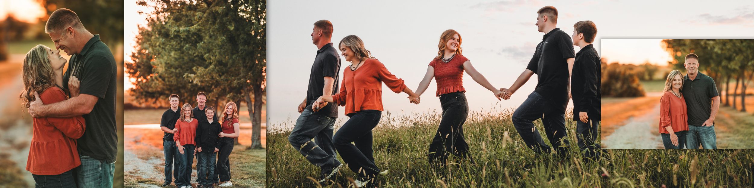 A series of outdoor family photos arranged in a horizontal collage showing candid moments at sunset.
