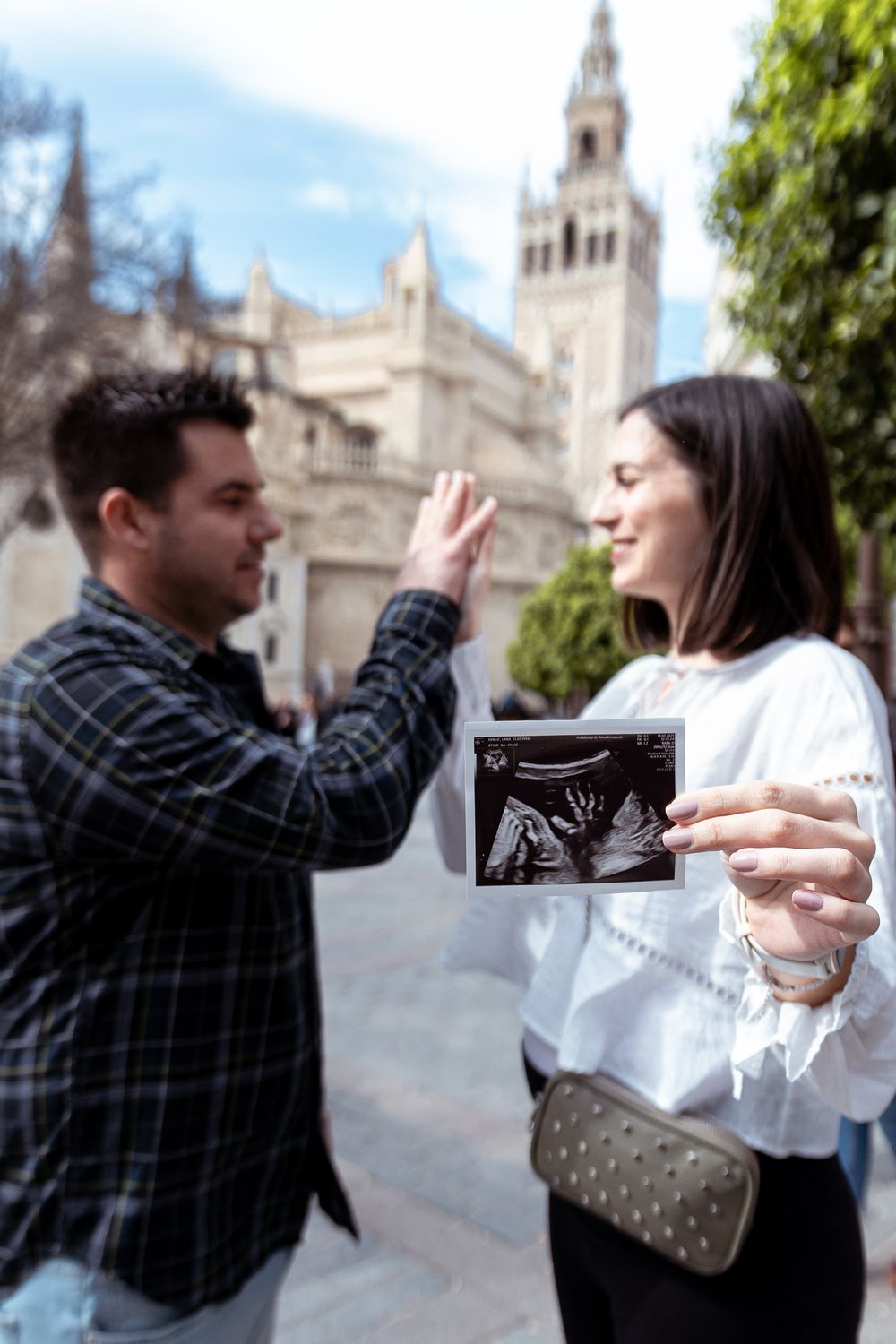 A sequence of photos showing people interacting with a phone camera in front of a historic cathedral.