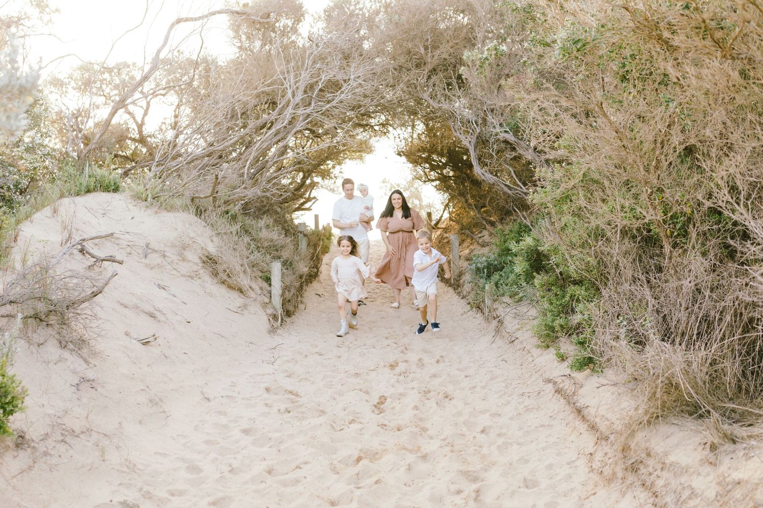 A panoramic sequence showing a sandy beach path winding through coastal vegetation and dunes.