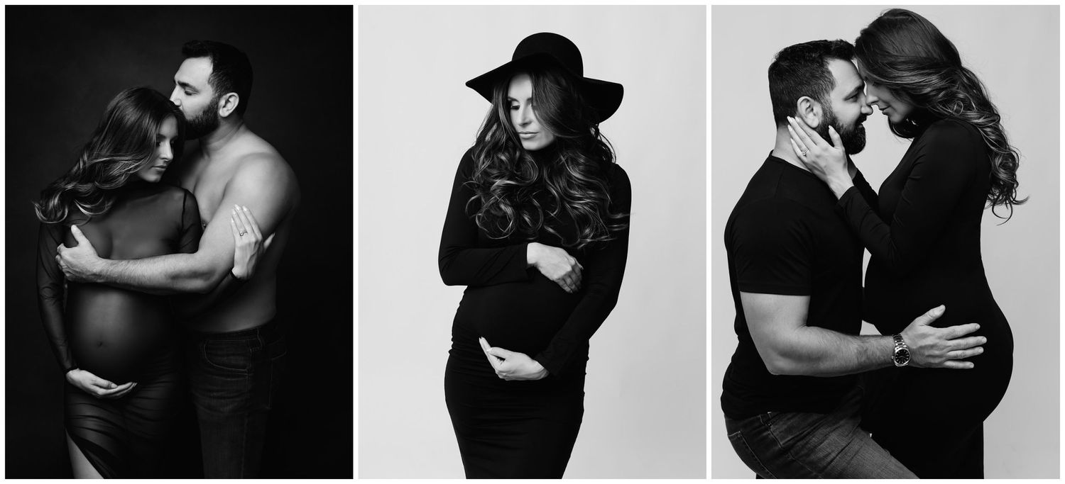 black and white 3 photo collage featuring pregnant mom in poses alone as well as with spouse.