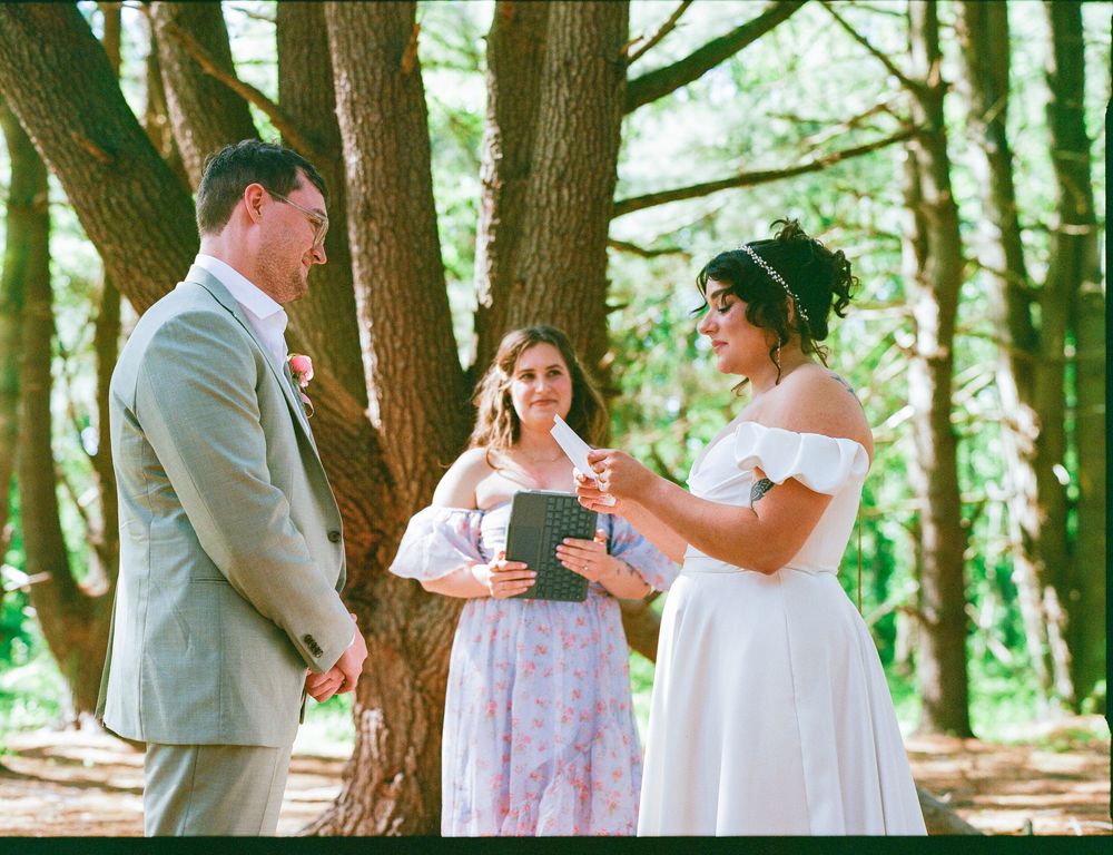 A collection of outdoor forest wedding photos showing couples exchanging rings and sharing emotional moments in nature.