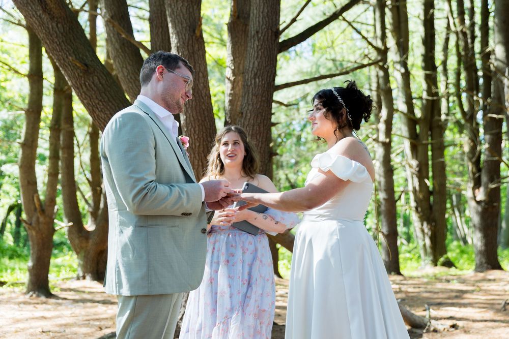 An outdoor wedding ceremony takes place in a serene wooded forest setting on a bright sunny day.