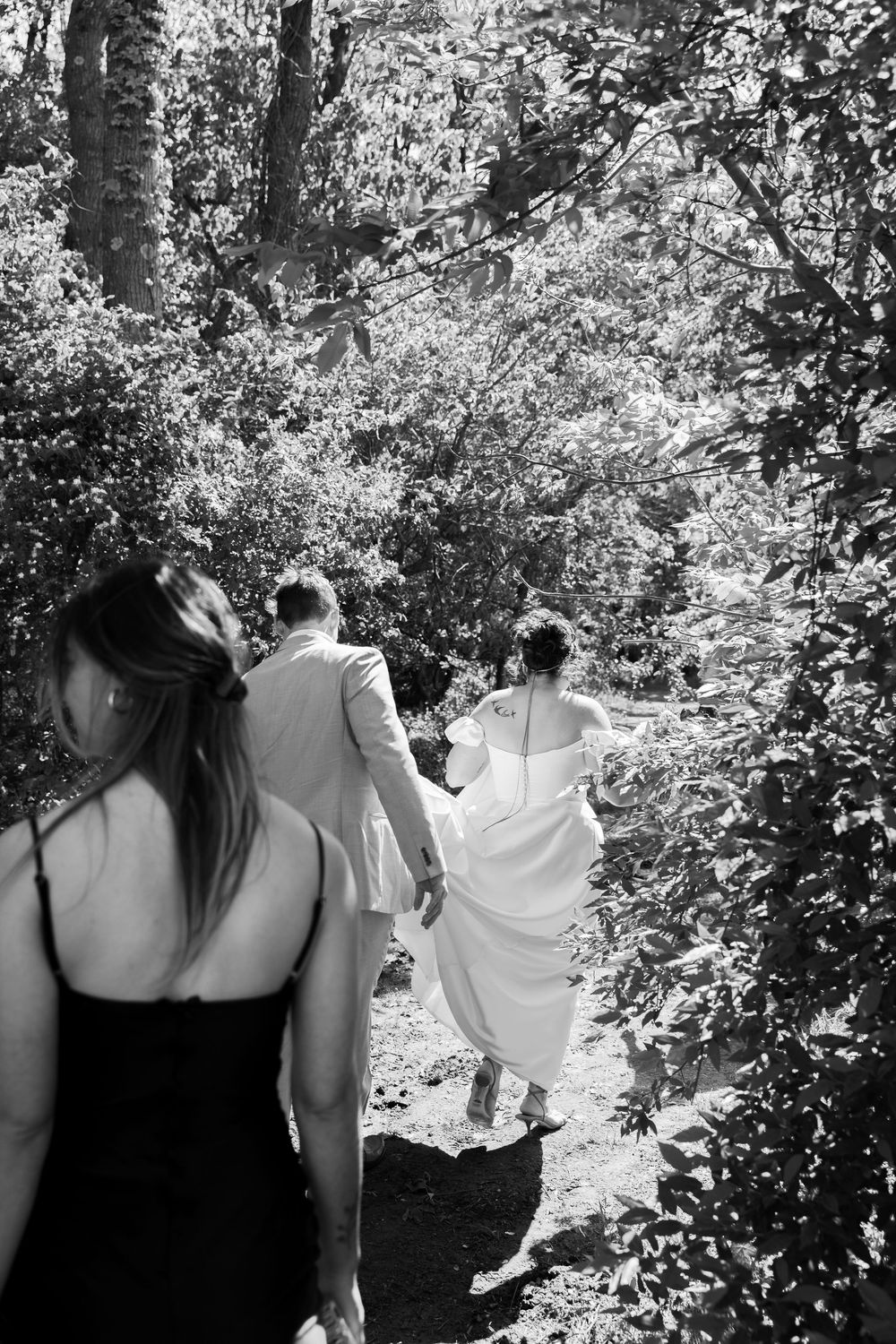 A group walking together in a wooded area with sunlight filtering through the trees.