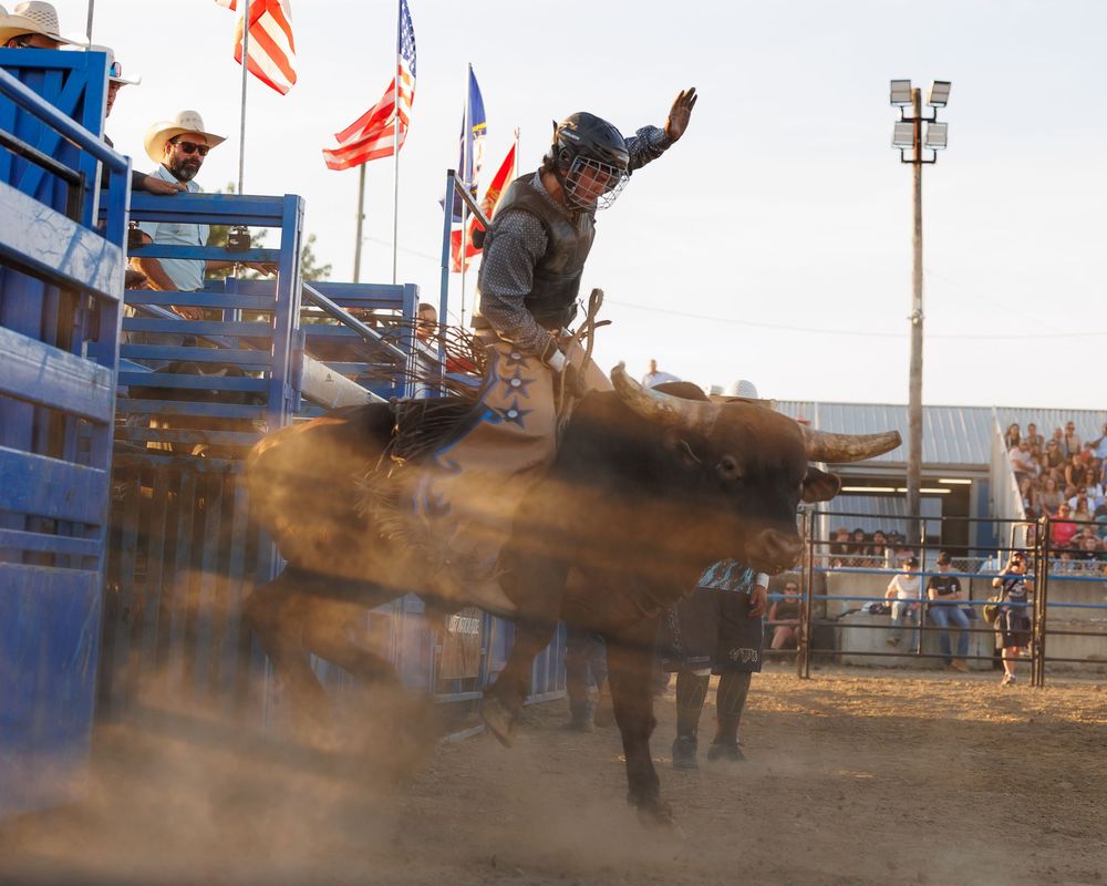 A dramatic sequence showing a bull rider being thrown off during a rodeo competition with dust flying in the air.