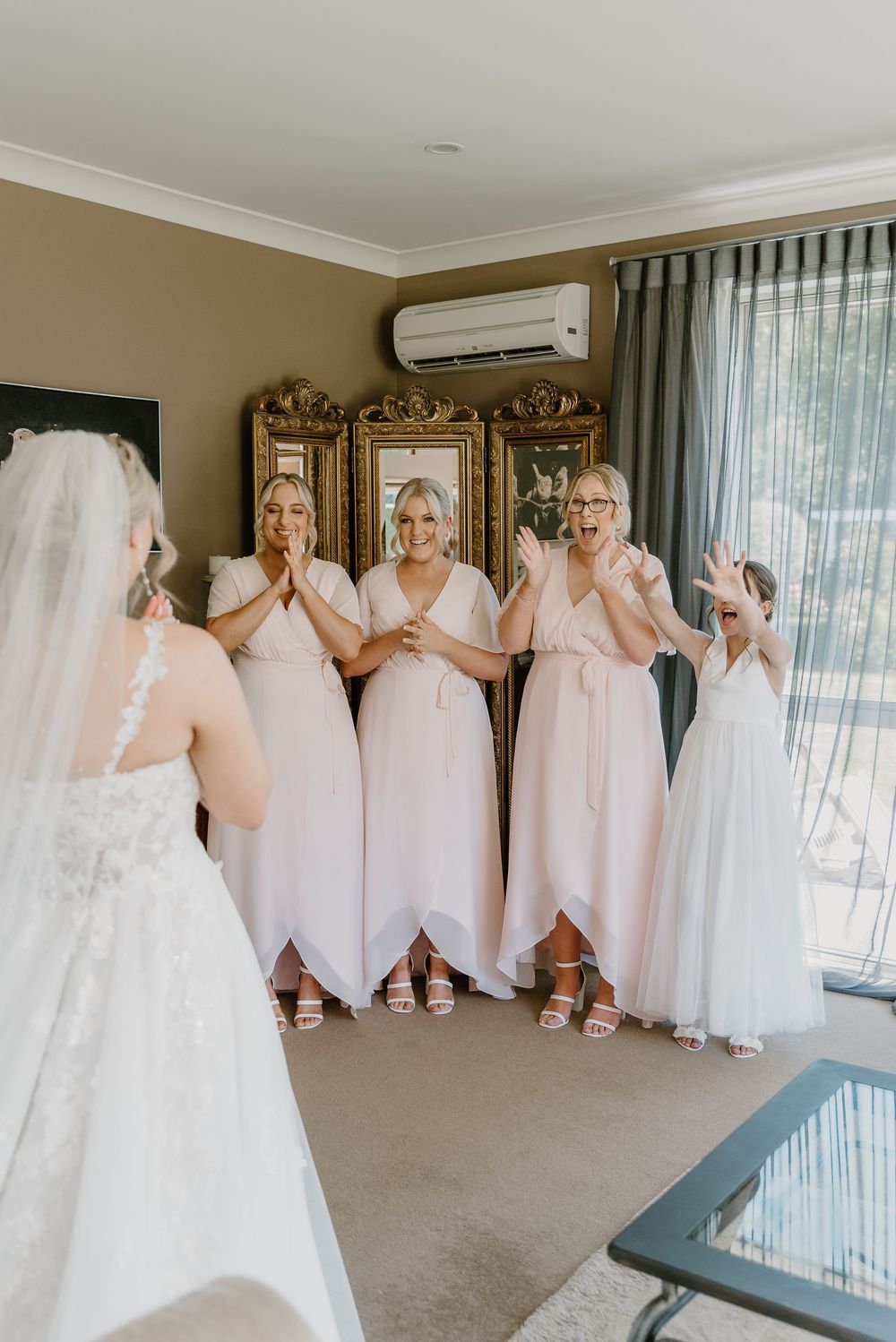 Bridesmaids in blush pink dresses pose together in a row showing the backs of their matching gowns.