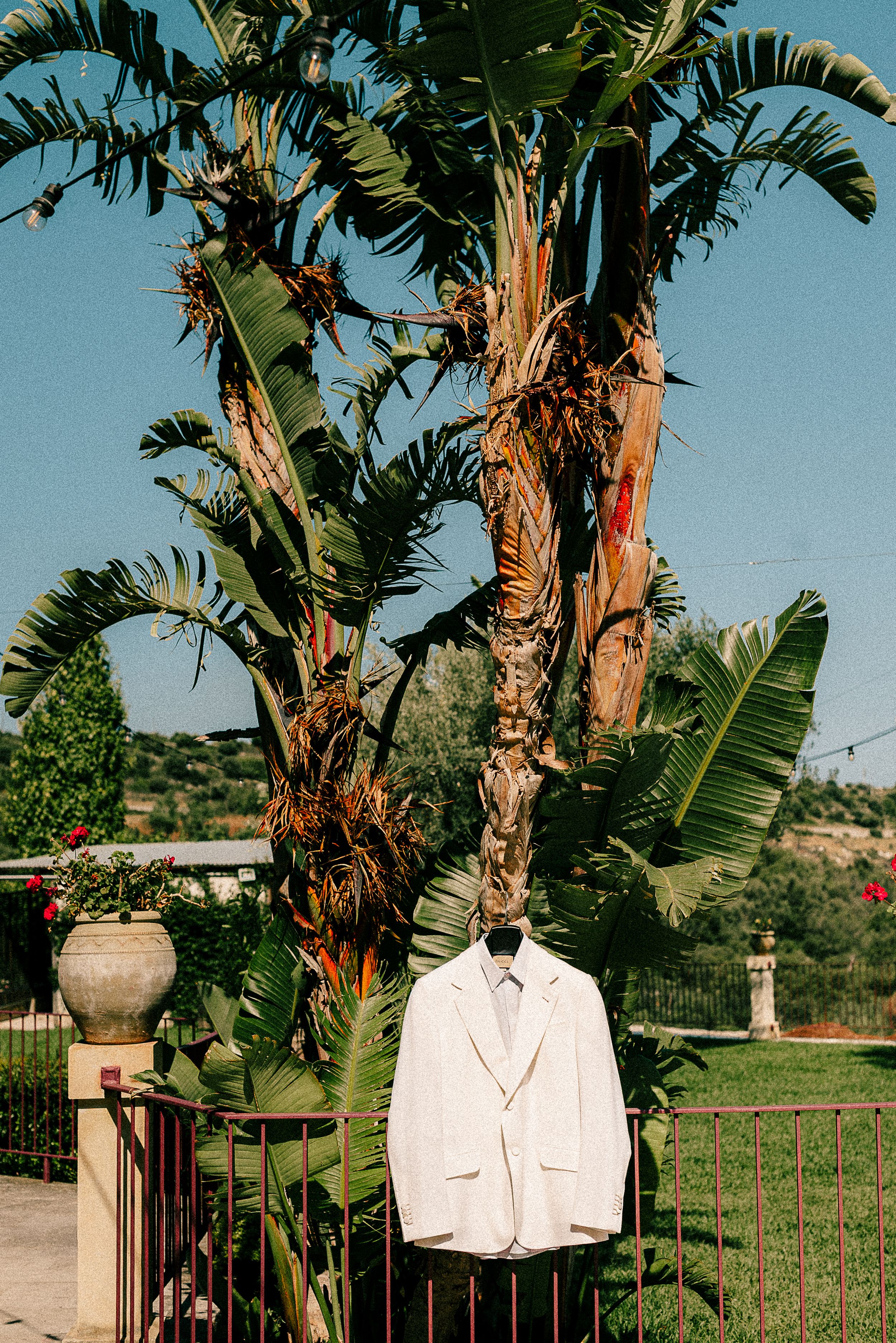 White formal suit jacket hanging on display against tropical palm trees and blue sky.