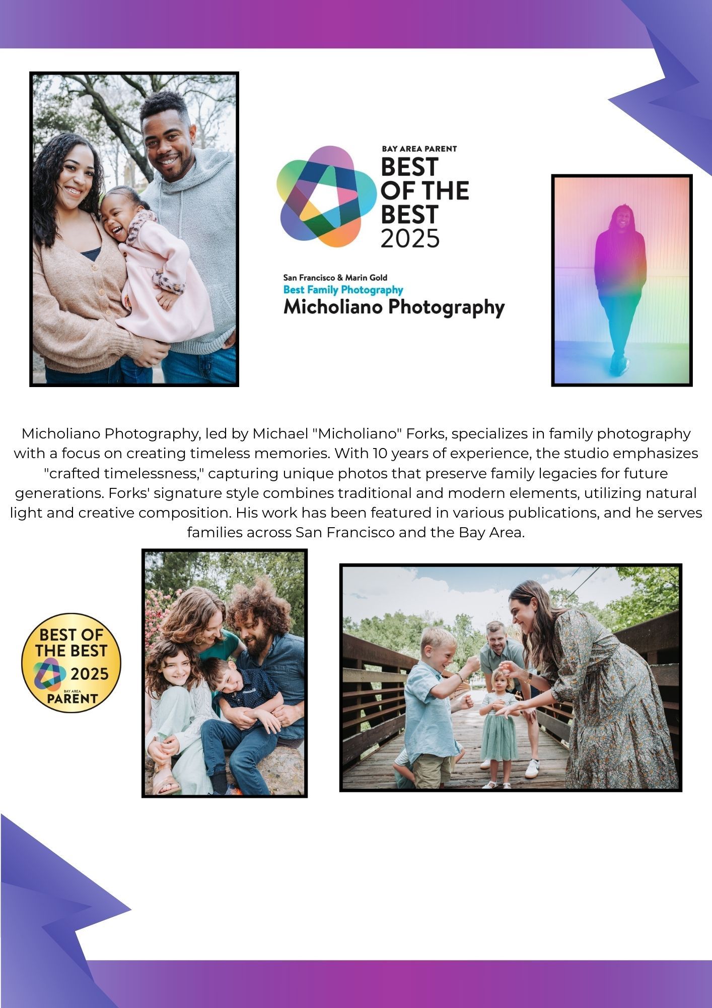 Professional photography website showcases family portraits and outdoor sessions with branded design elements and award badges.