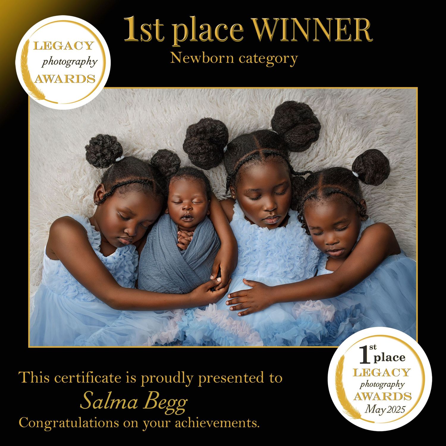 Award-winning photograph of four children in matching blue dresses posing together against a gray backdrop. famous, newborn photographer, ip