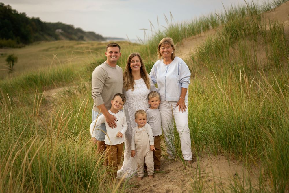 cute family on the beach of Lake Michigan, golden hour photography, family photography, photo with mom