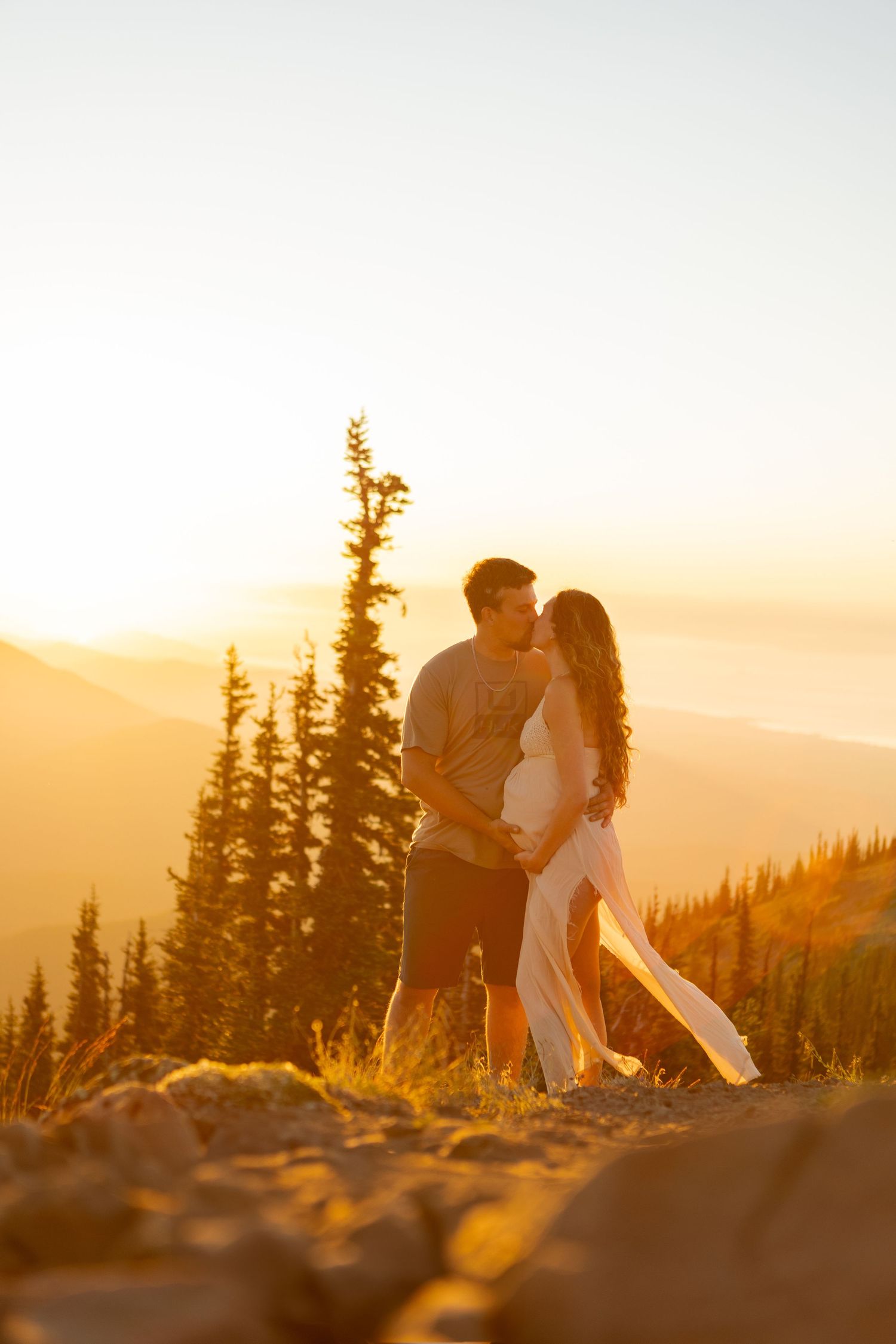 Romantic sunset moment on mountain peak with evergreen trees silhouetted against golden sky.