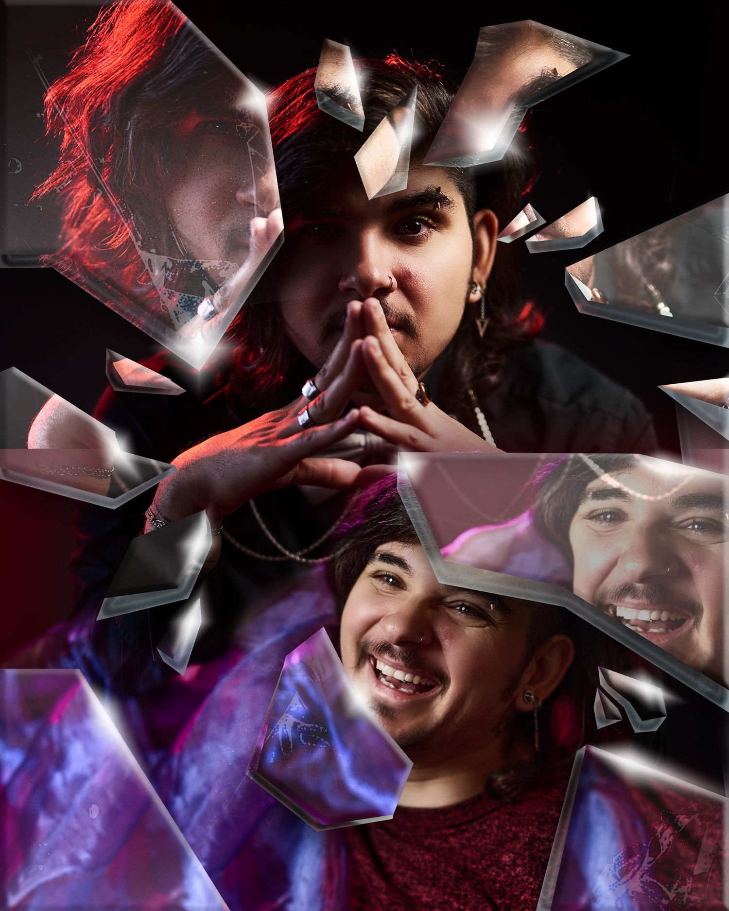 Artistic photo composition with shattered mirror effect showing reflections against dark background with red and purple lighting.