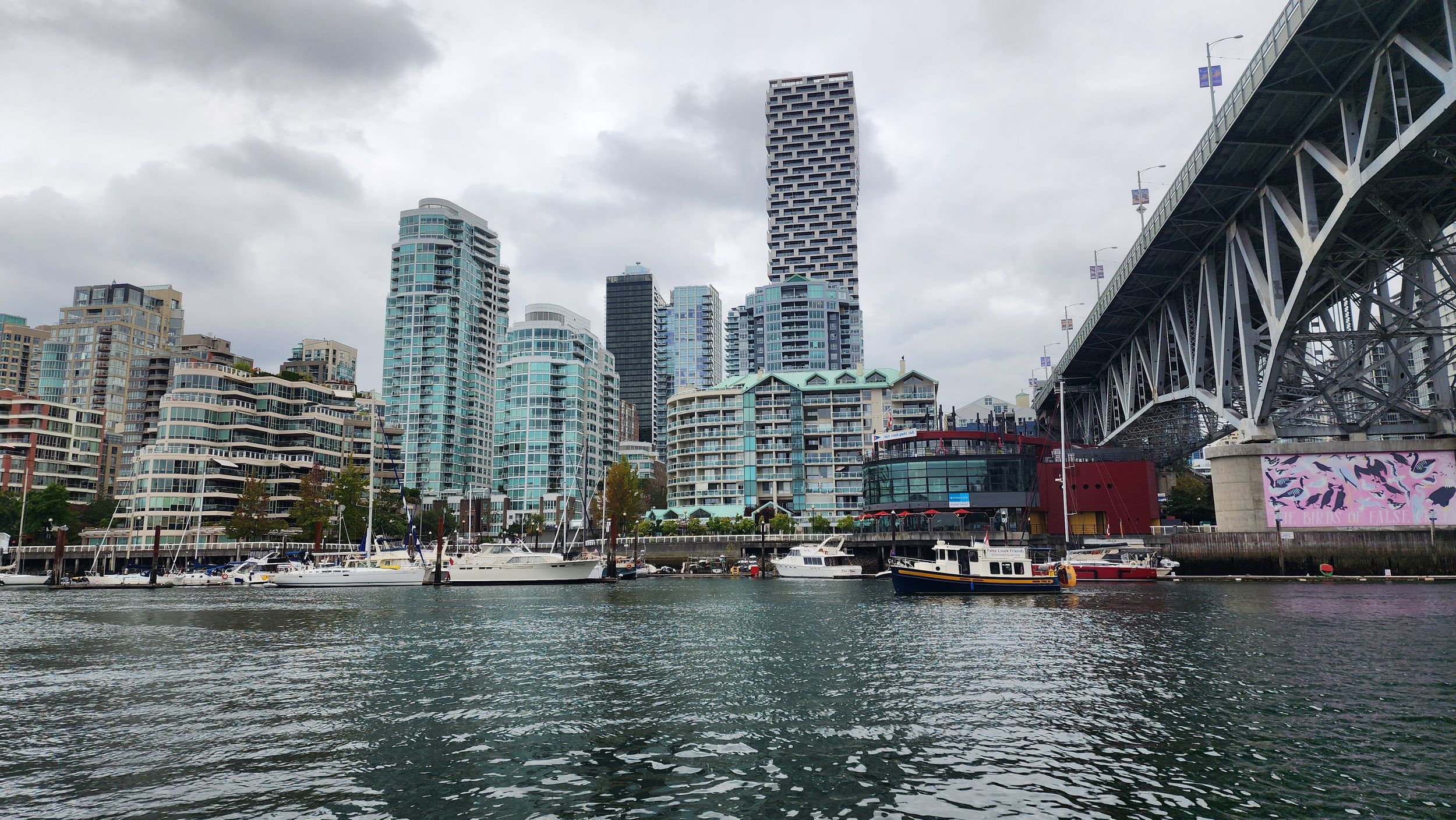 City skyline of Vancouver seen from the water with Burrard Bridge in the background