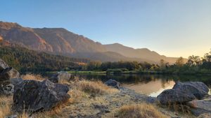 Golden hour light over rugged mountains and dry grass in the Pacific Northwest.