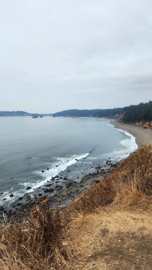 Curving coastline with gentle waves meeting the sandy shore.