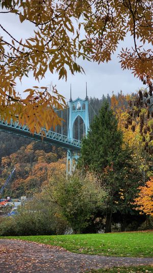 St. Johns bridge framed by golden autumn leaves.