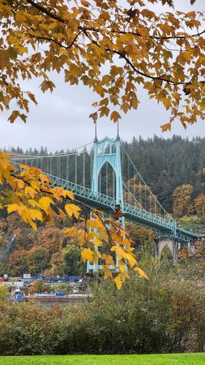 St. Johns Bridge framed by golden autumn foliage in Portland.