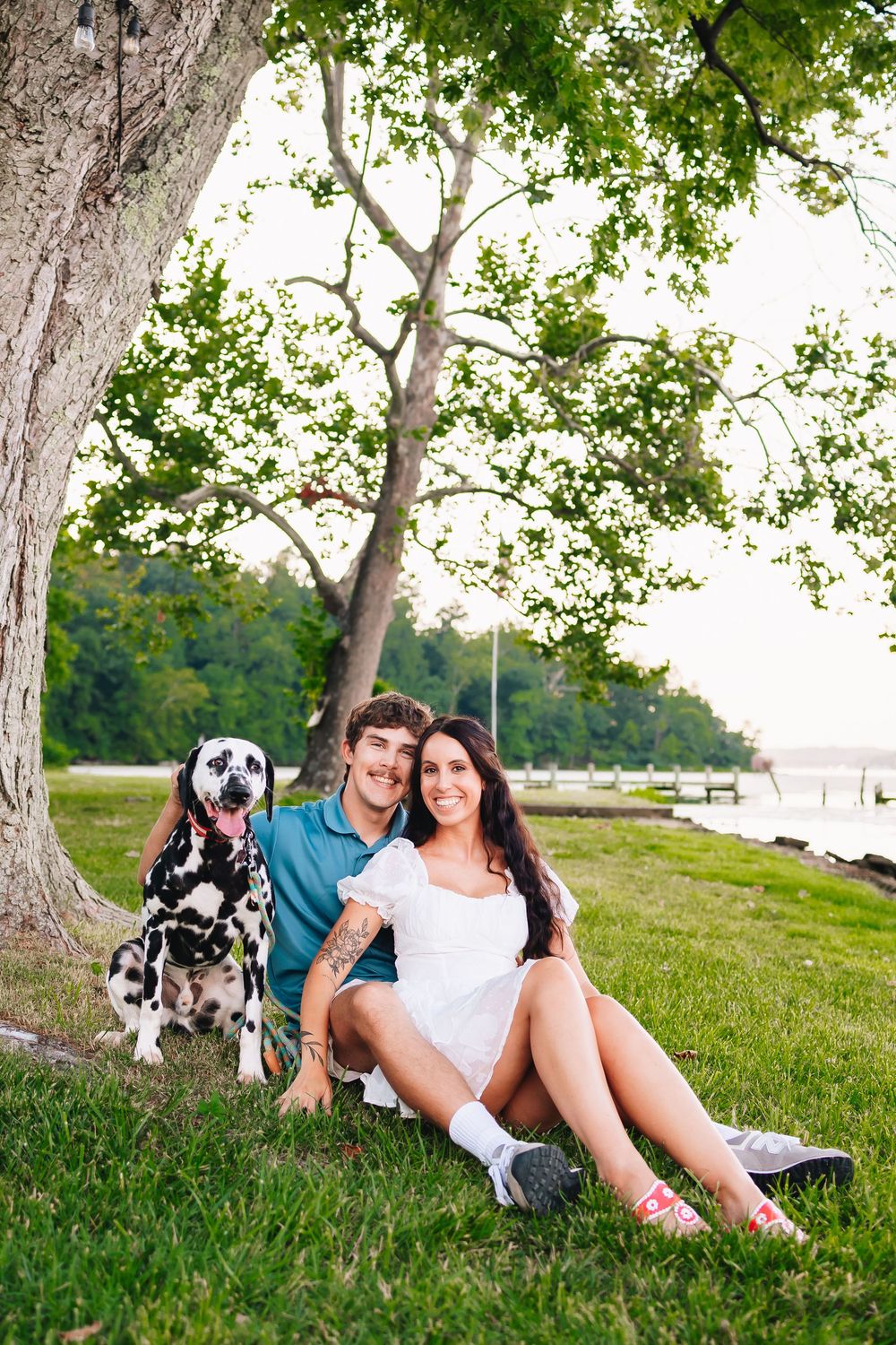 Couple relaxing under tree with their Dalmatian dog by waterfront.
