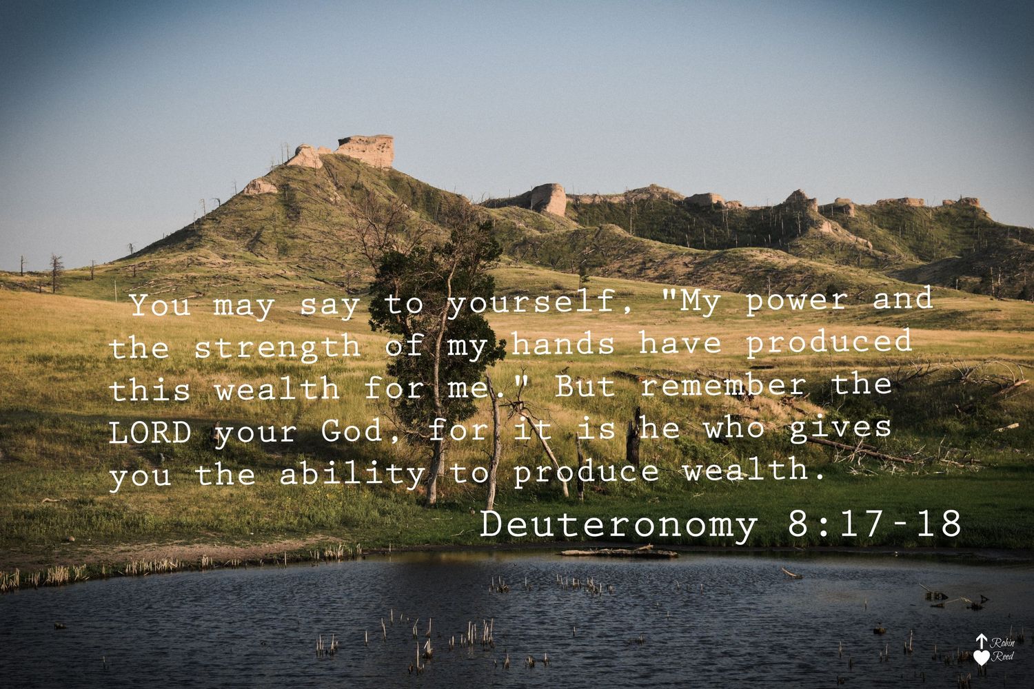 An image of sandstone buttes in the background, layered with green grass. A pond is at the forefront of the photo.
