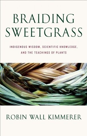 Book cover for 'Braiding Sweetgrass' by Robin Wall Kimmerer featuring braided grass strands in green and brown tones.