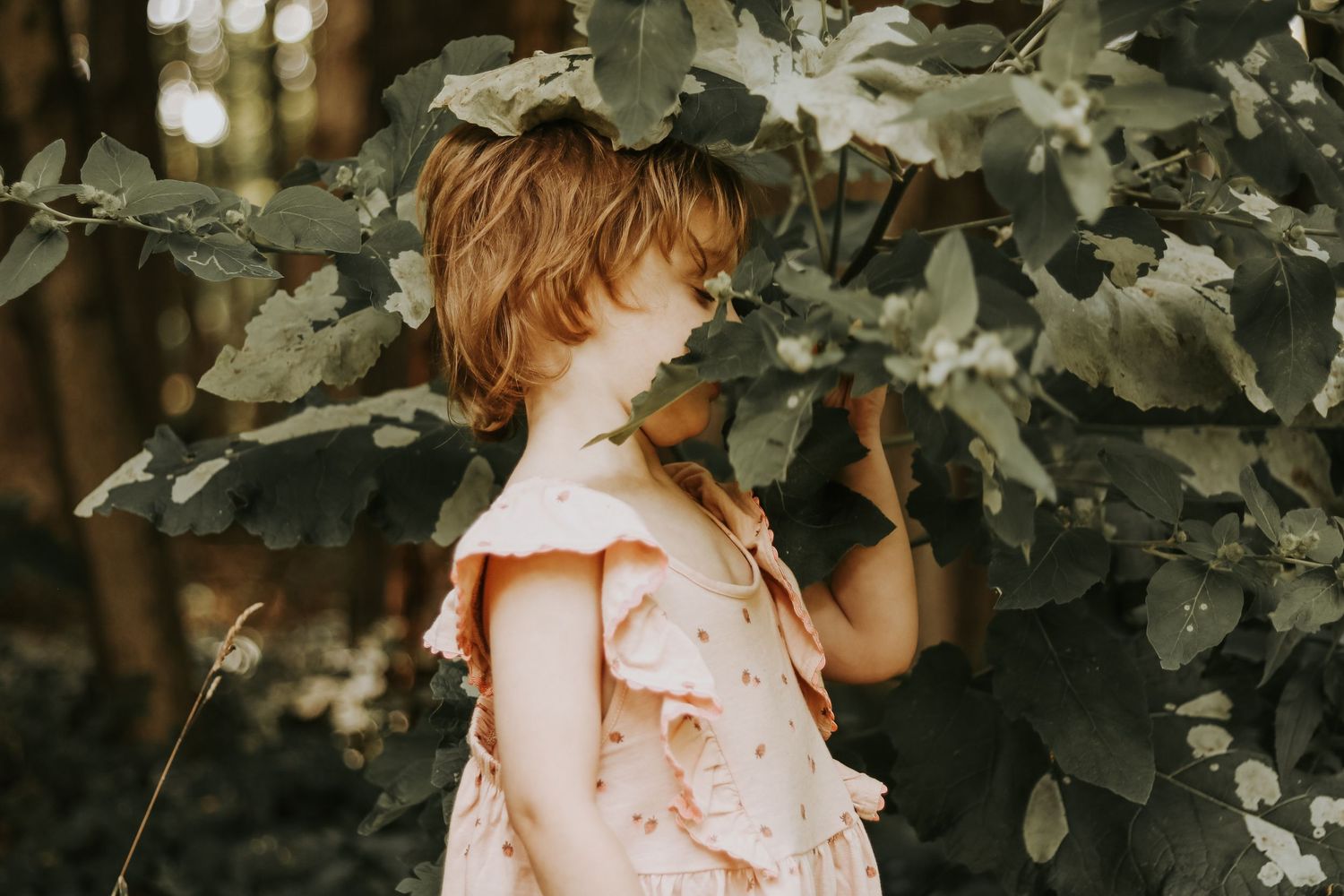Pink ruffled dress with delicate details shown in a natural outdoor garden setting.