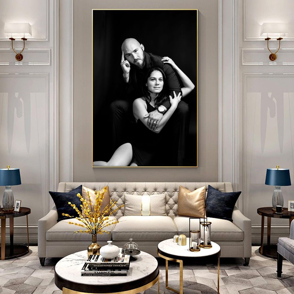 Large acrylic wall display with fine art portrait in studio.