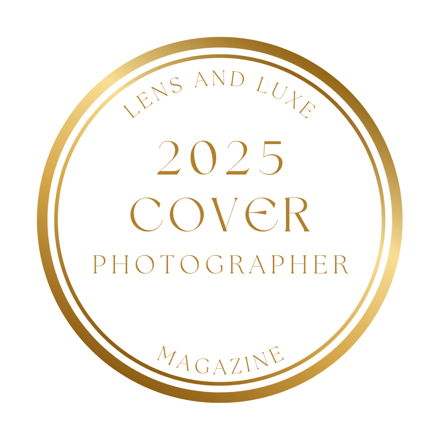 A circular gold photographer badge design for Lens and Lune Magazine featuring '2025 Cover Photographer' text.
