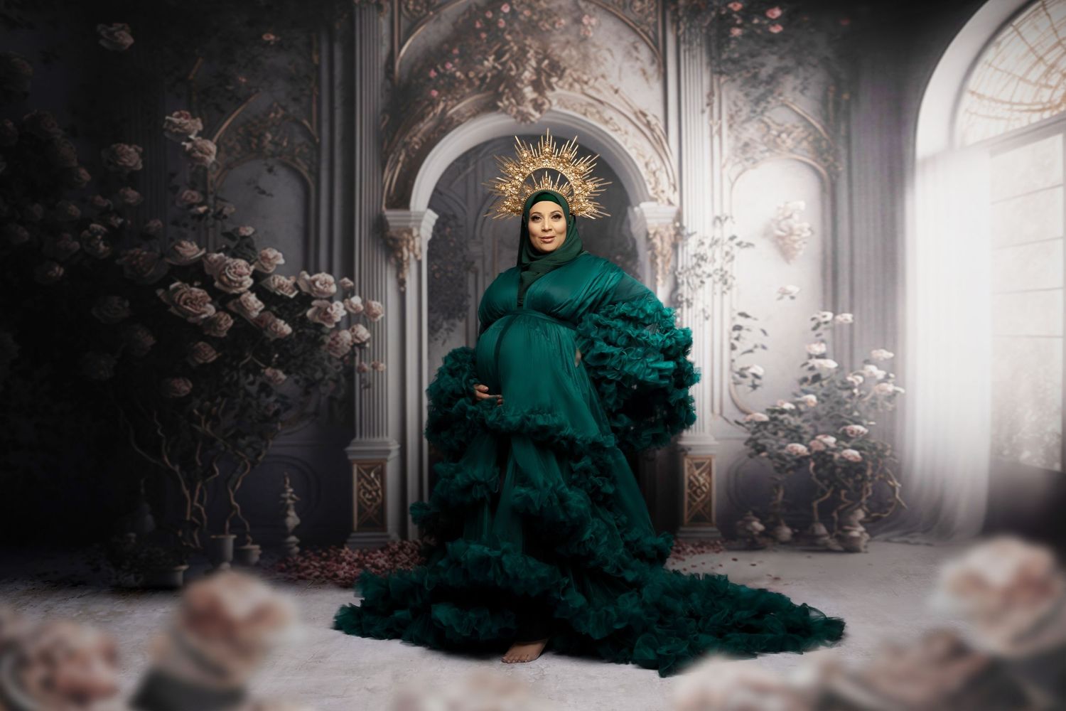 A dramatic emerald green ruffled gown fills an ornate archway in a misty, romantic setting with soft lighting.