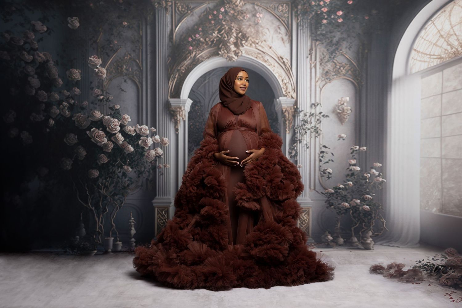 A figure in a dramatic brown gown sits on a throne surrounded by ethereal arches and floral decorations in a dreamy setting.