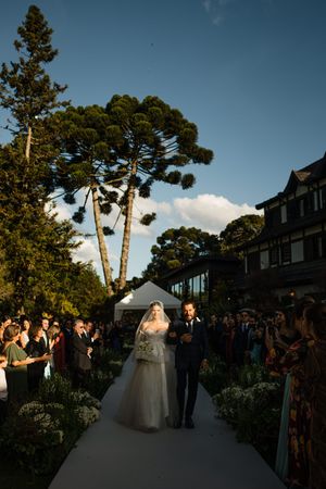 A scenic outdoor wedding ceremony under tall araucaria trees against a blue sky during golden hour.
