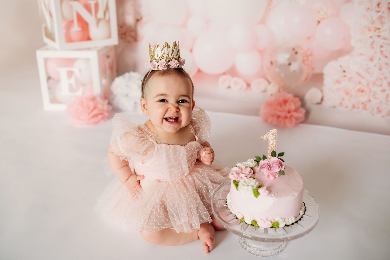 Baby in pink tulle dress with crown next to decorated birthday cake in pastel setting.