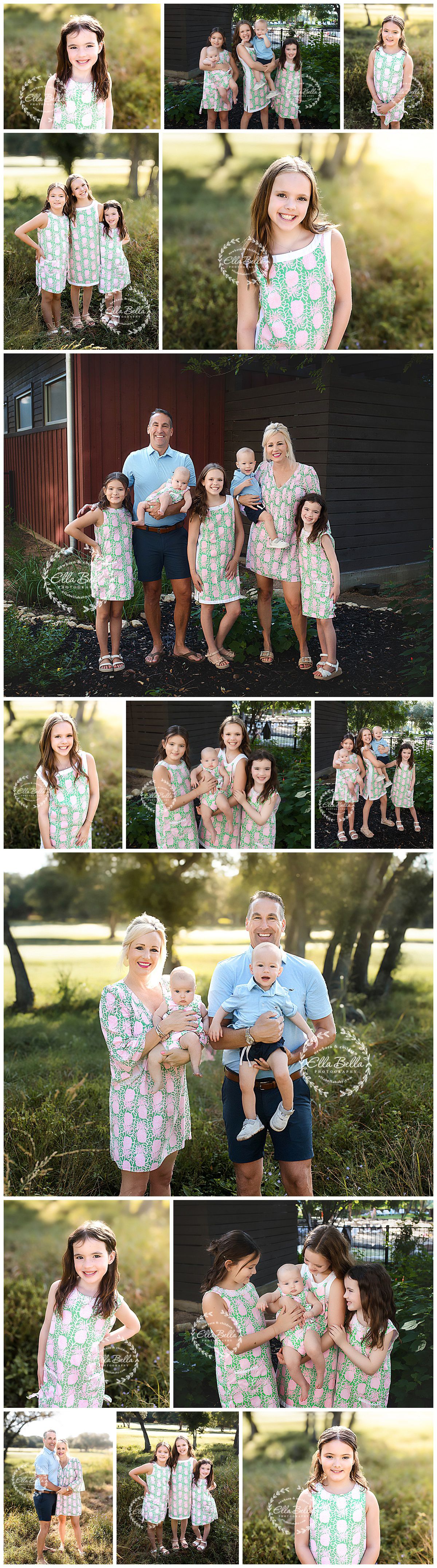 Family photo collage featuring coordinated mint green and white floral outfits in an outdoor garden setting at sunset.