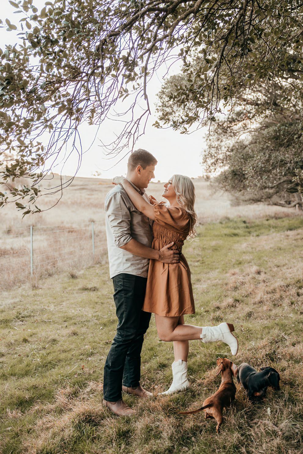 Romantic couple embracing on hillside with their dog at sunset.