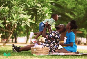 Playful outdoor photo sequence showing people relaxing on grass.