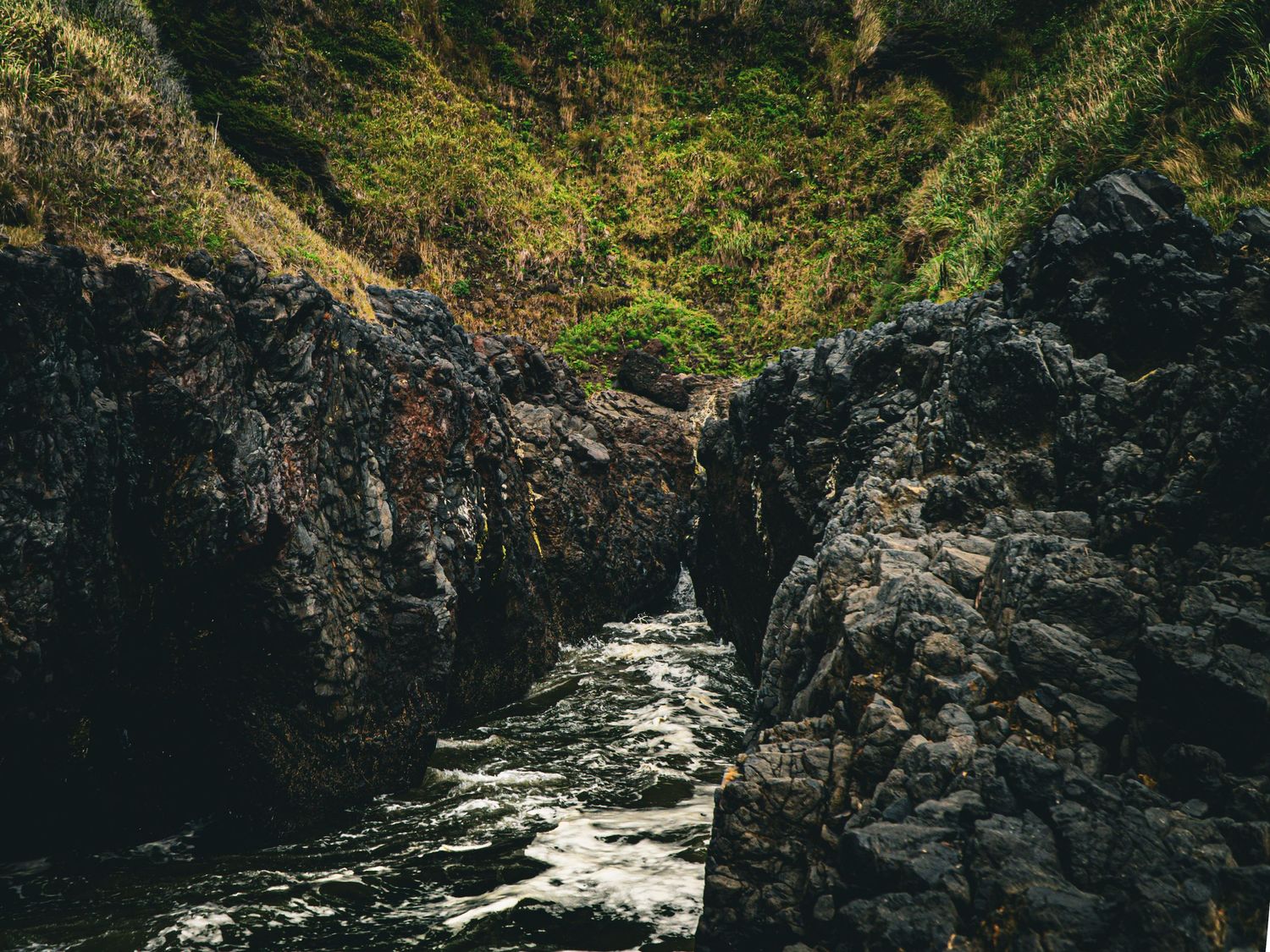 Rocky canyon walls frame rushing water flowing through a narrow gorge.