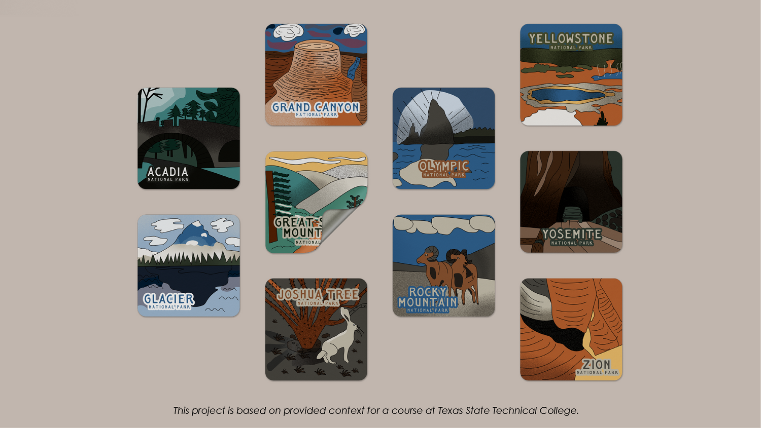 Collection of illustrated national park stickers showcasing various outdoor landscapes and scenes.