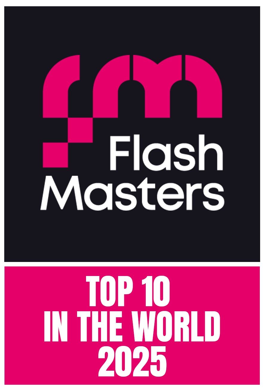 Flash Masters logo design in pink and white on black background promoting top 10 status for 2025.